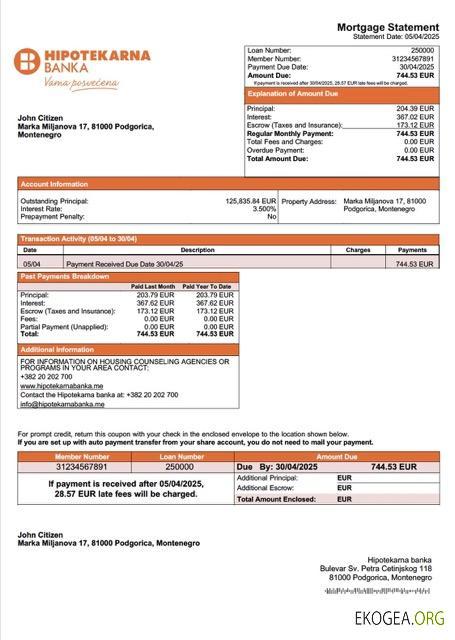 Monténégro Hipotekarna banka relevé hypothécaire Modèle Word et PDF